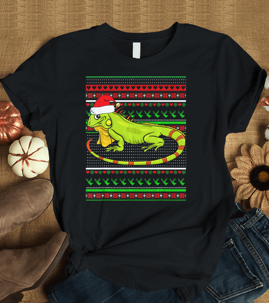 Merry Christmas Iguana Santa Hat Ugly Sweater Reindeer T-Shirt