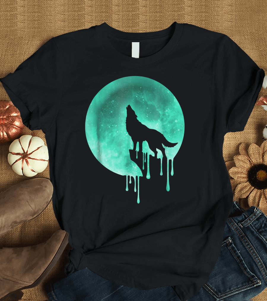 Howling Wolf Dripping Moon Galaxy Space T-Shirt