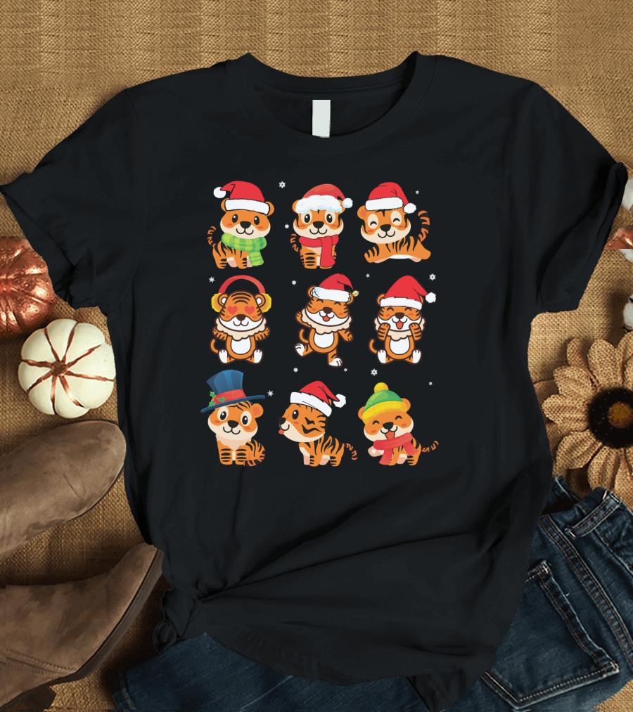 Nine Cute Tiger Faces in Santa and Festive Costumes Dancing T-Shirt