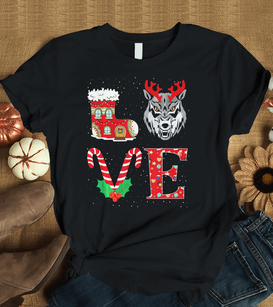 I Love Christmas Wolf Reindeer Horns Holiday Symbols T-Shirt