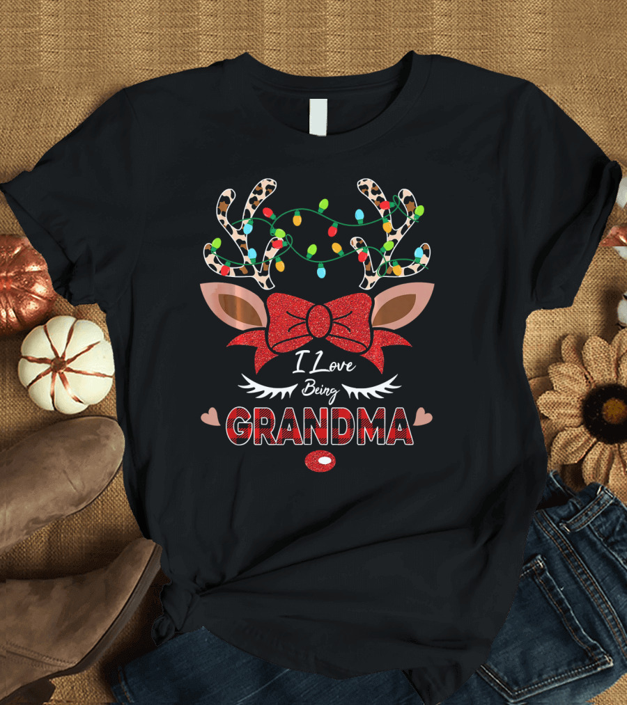 I Love Being Grandma Funny Christmas Deer Antlers Lights Bow T-Shirt