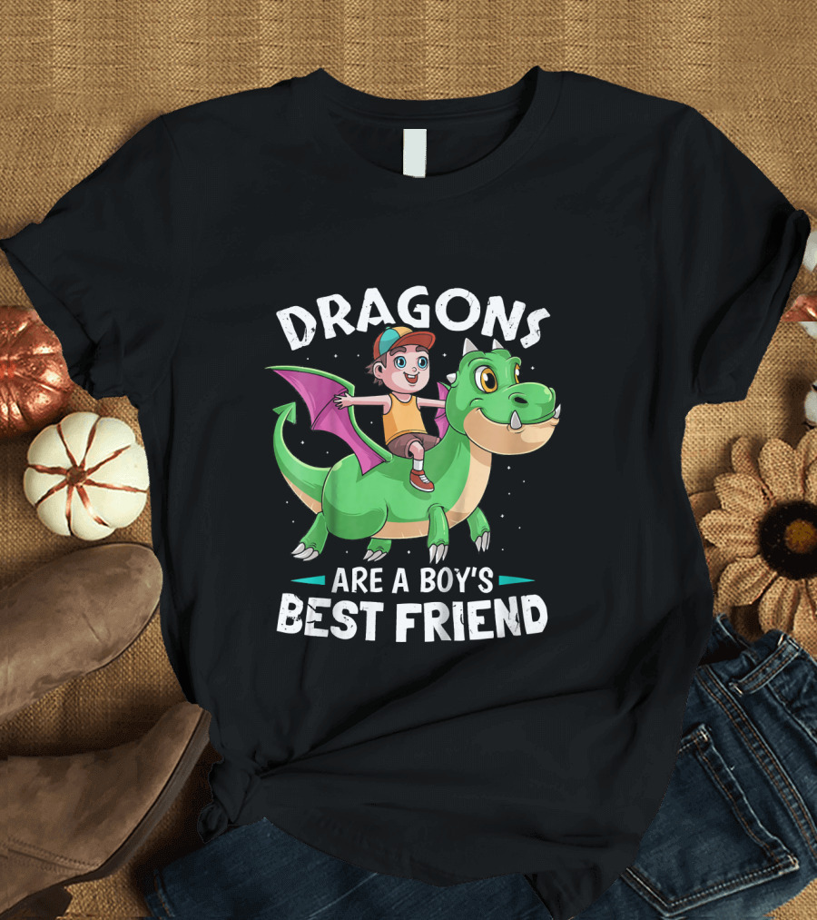 Dragons Are A Boy's Best Friend Kid Riding Green Dragon T-Shirt