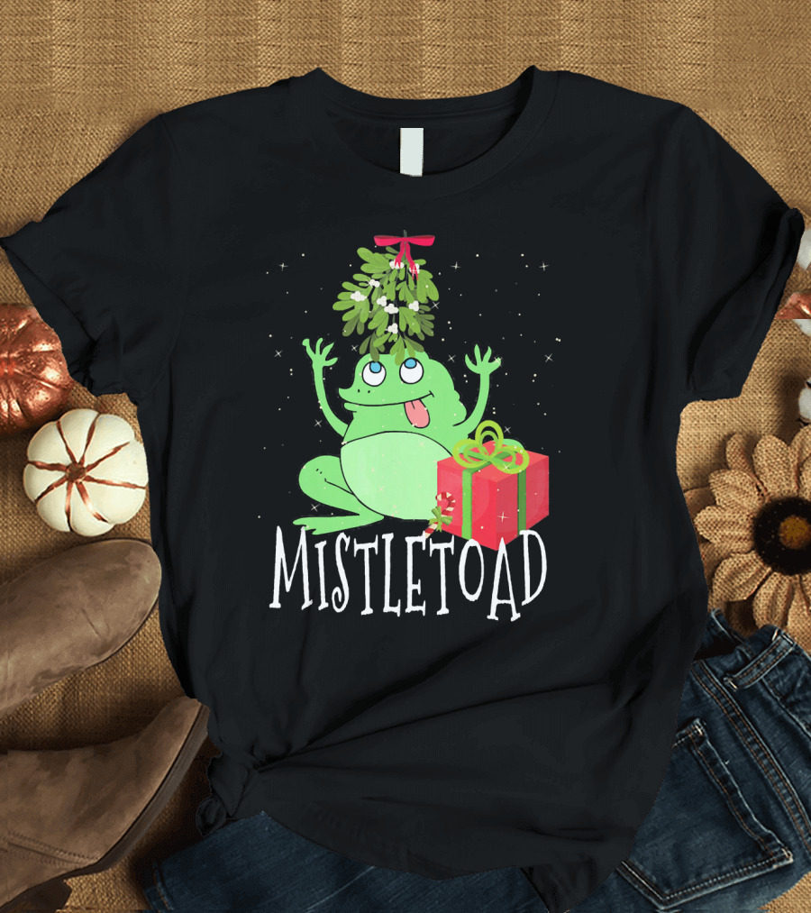 Mistletoad Mistletoe Festive with Green Frog and Red Gift Box T-Shirt