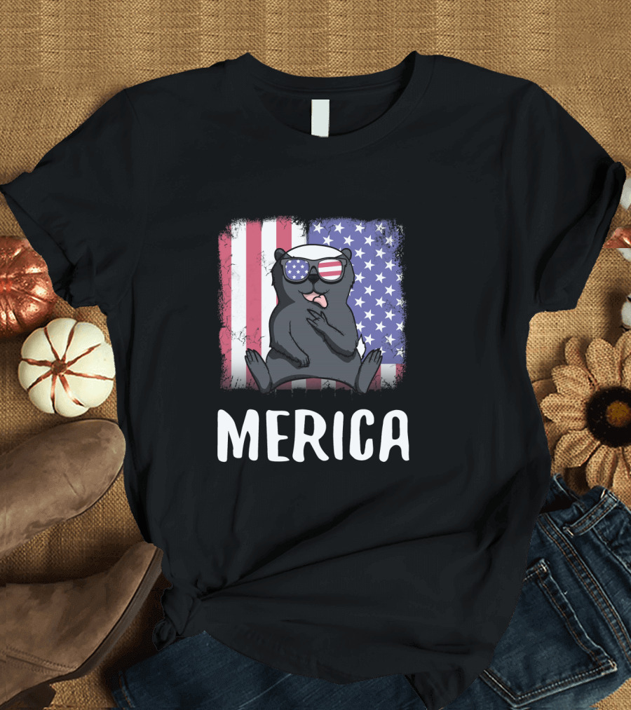 Merica Honey Badger USA American Flag Sunglasses T-Shirt