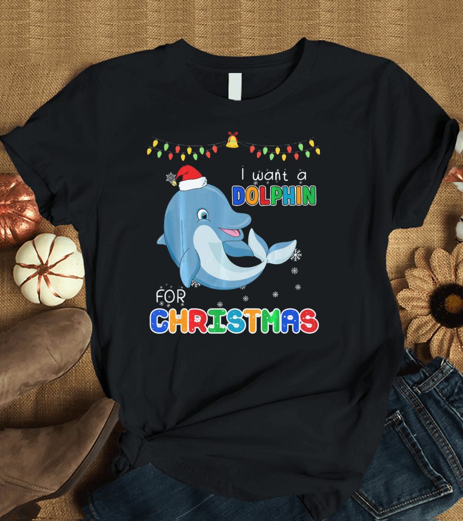 I Want A Dolphin For Christmas Santa Hat Lights Snowflakes T-Shirt