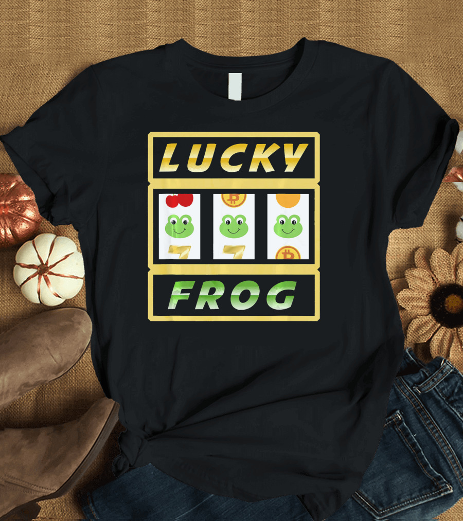 Lucky Frog Slot Machine Jackpot with Frogs and Bitcoin Symbols T-Shirt