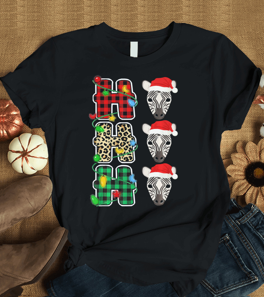 HO HO HO Santa Hat Zebra Leopard Plaid Christmas Lights T-Shirt