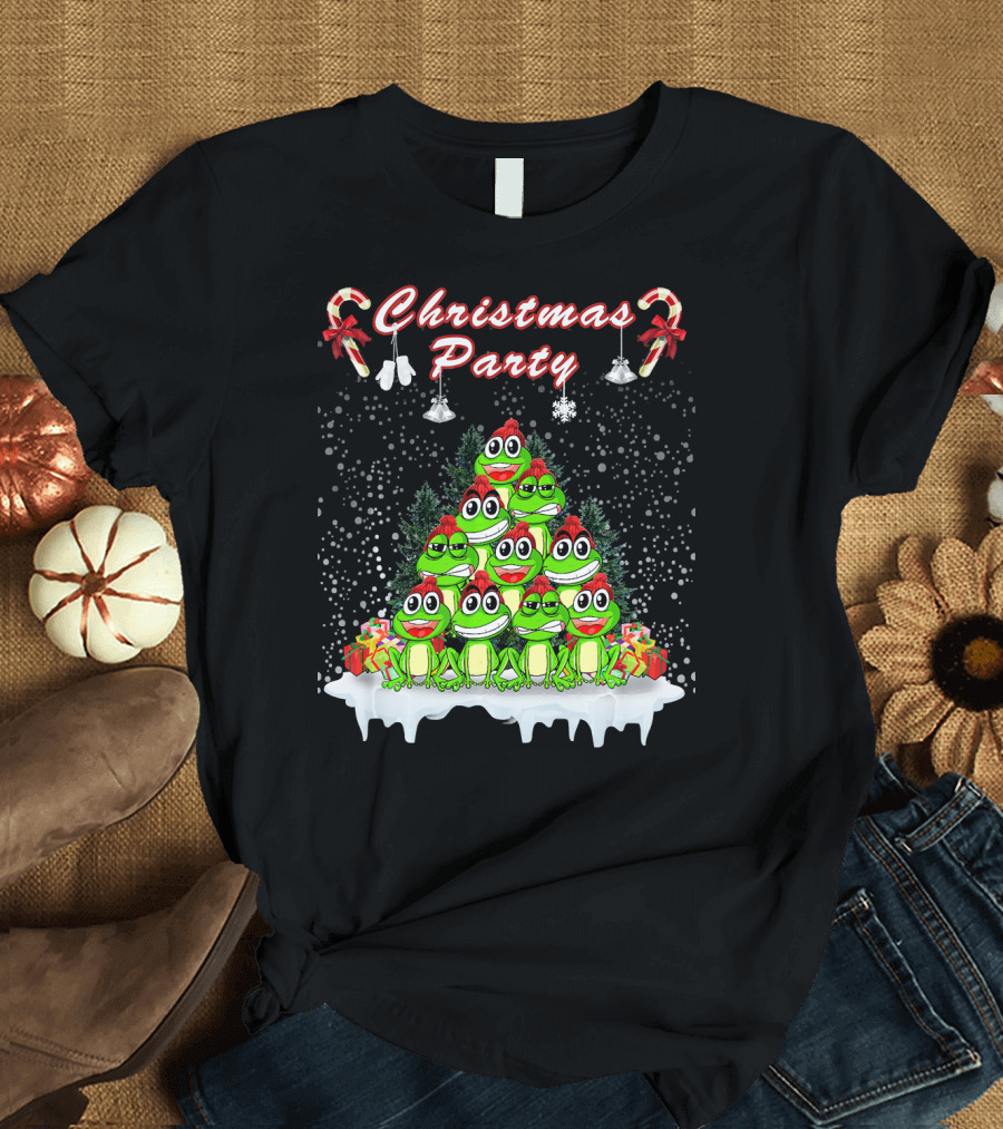 Christmas Party Frog Candy Cane Tree T-Shirt