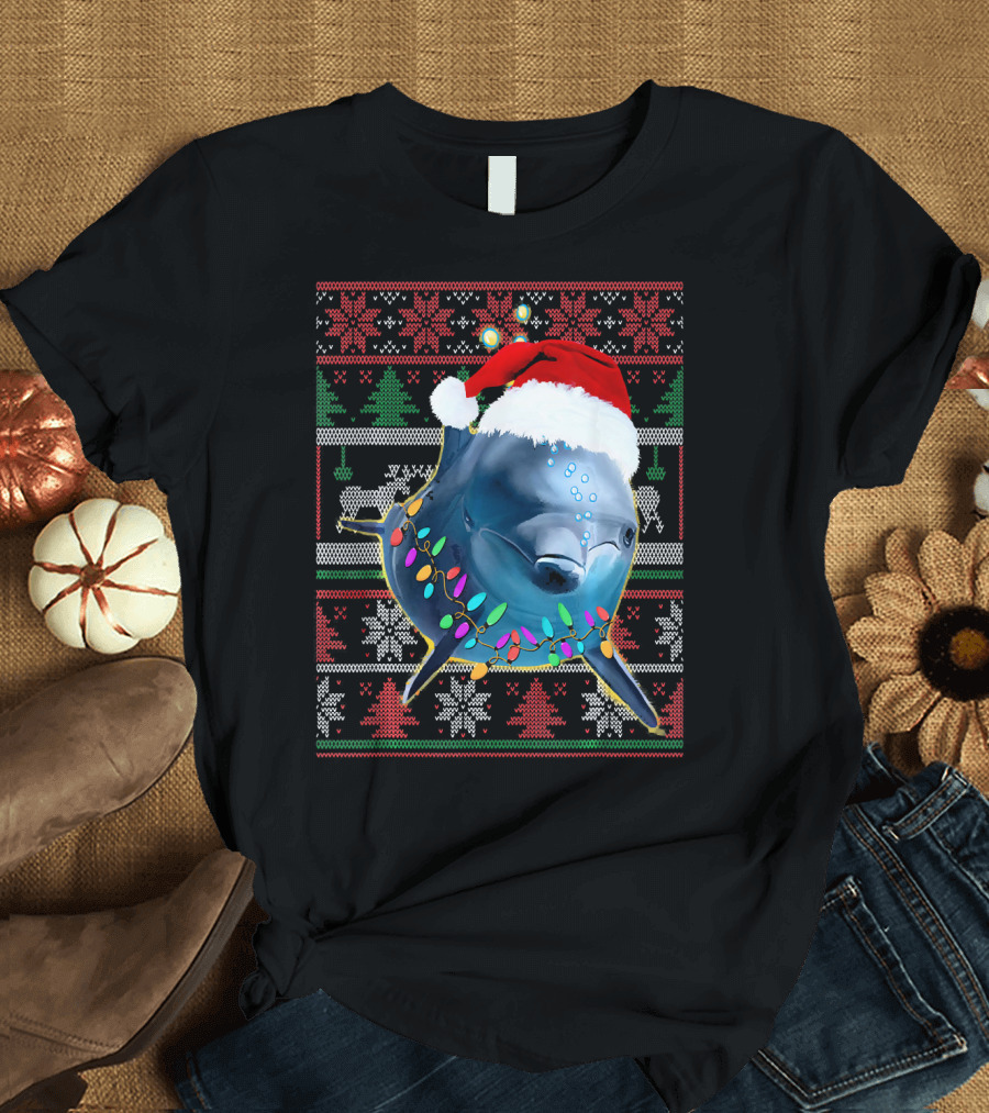 Funny Dolphin Lover Christmas Sweater Santa Hat Holiday Lights T-Shirt