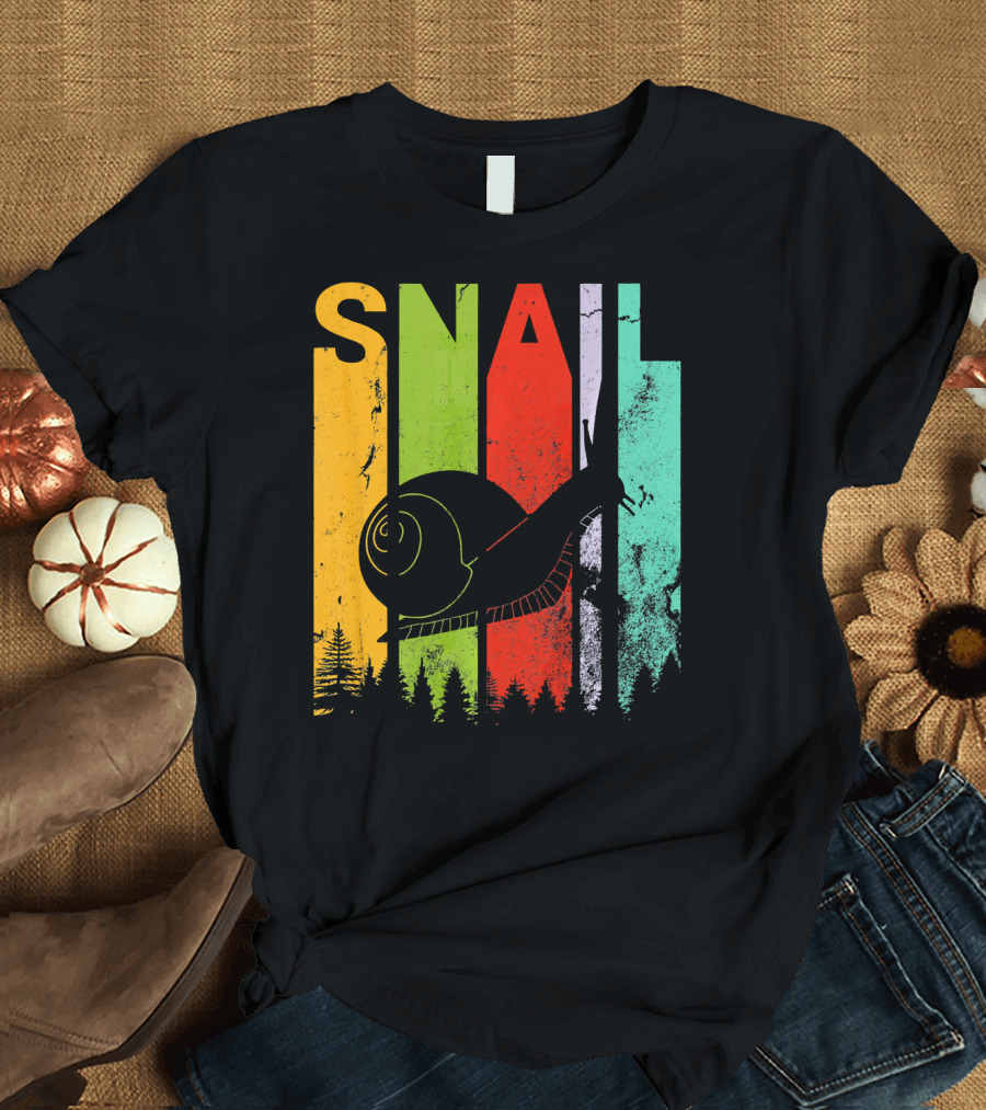 Vintage Retro Snail Lover Silhouette with Colorful Forest Stripes T-Shirt