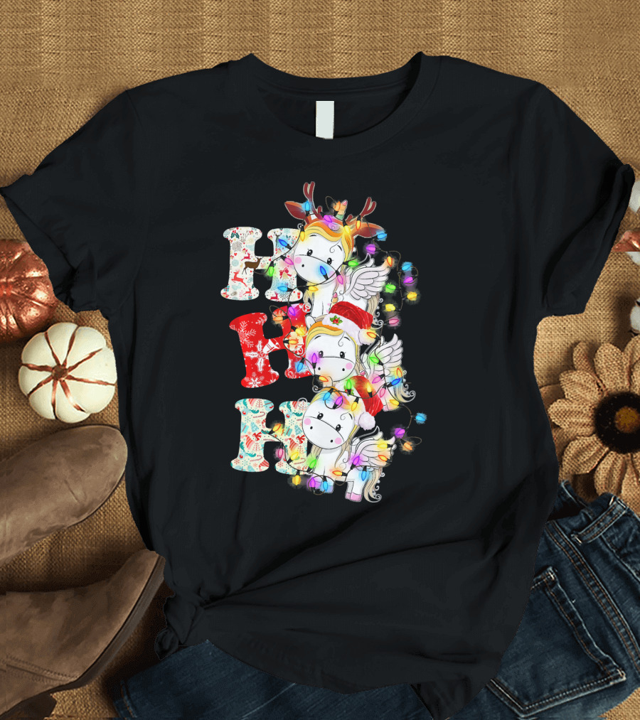 Ho Ho Ho Unicorn Lover Deer Santa Claus Christmas Lights T-Shirt