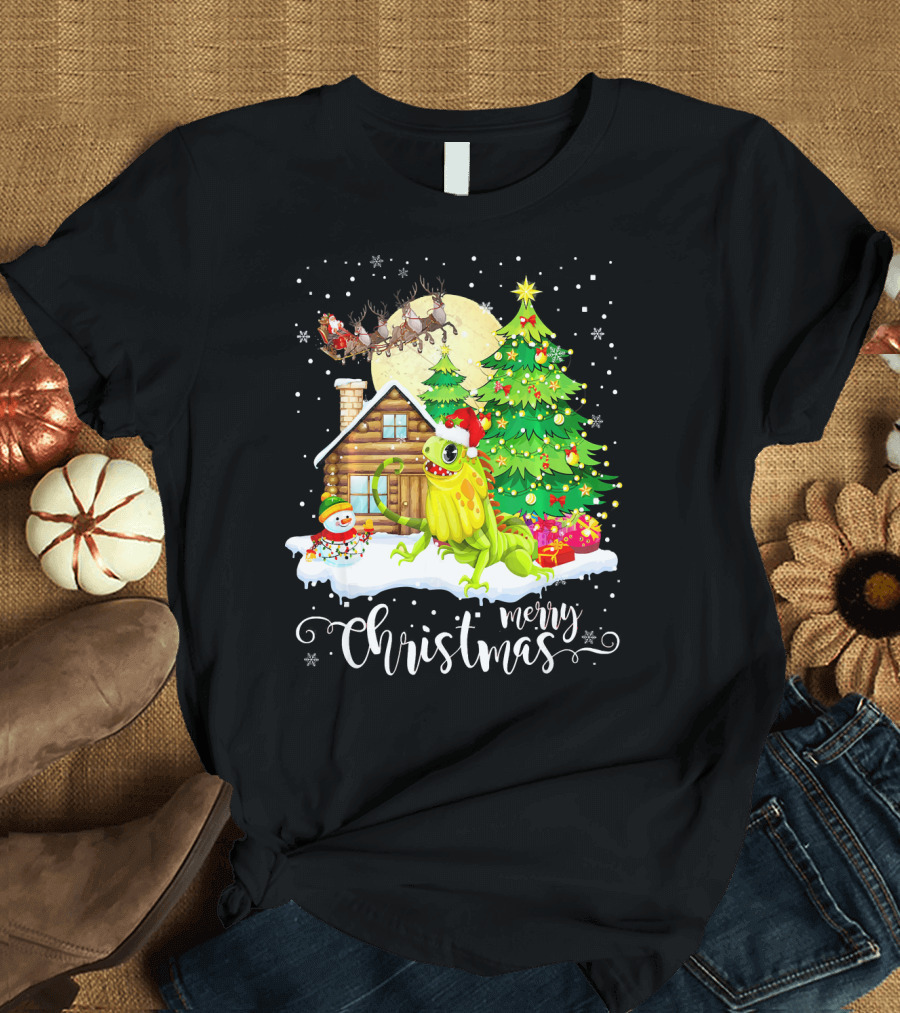 Merry Christmas Funny Cute Iguana Lover with Santa, Snowman, and Cabin T-Shirt