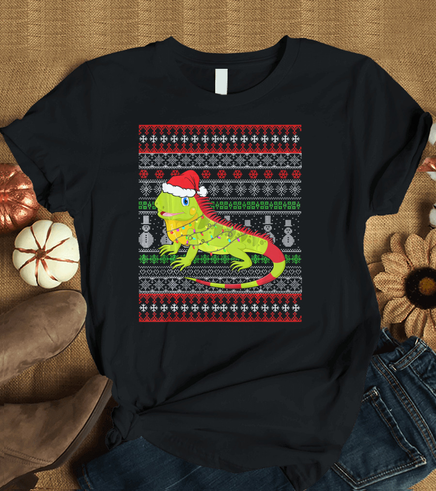 Funny Santa Hat Iguana with Christmas Lights Snowman T-Shirt