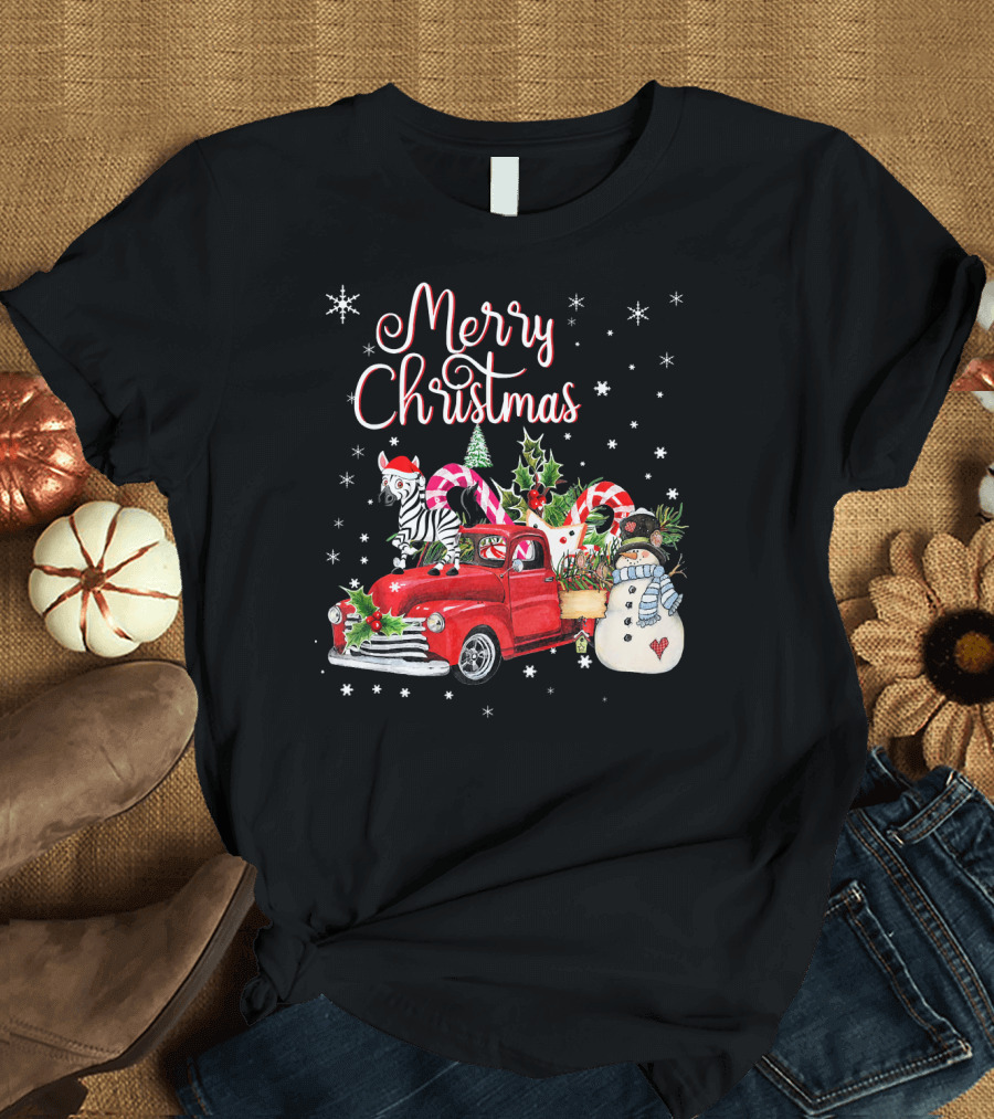 Merry Christmas Zebra Santa Hat Red Truck Snowman Candy Canes T-Shirt