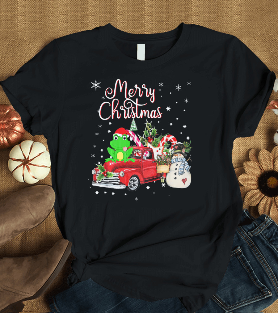 Merry Christmas Funny Frog with Snowman on Red Truck T-Shirt