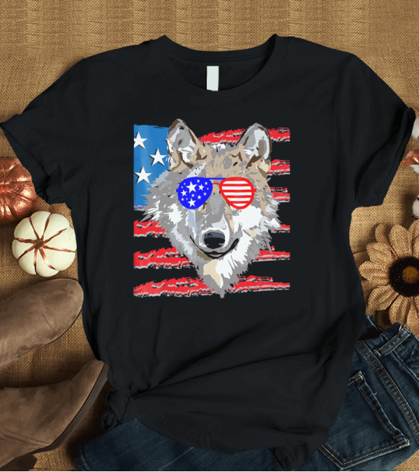 T-Shirt: Grey Wolf American Flag Sunglasses Distressed United T-Shirt Grey Wolf American Flag Sunglasses Distressed United T-Shirt