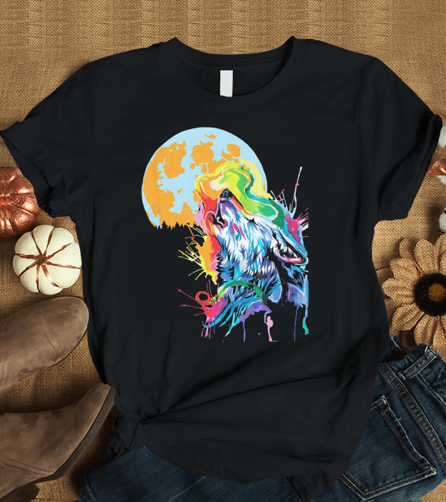 Full Moon Wolf Vibrant Colorful Wildlife T-Shirt