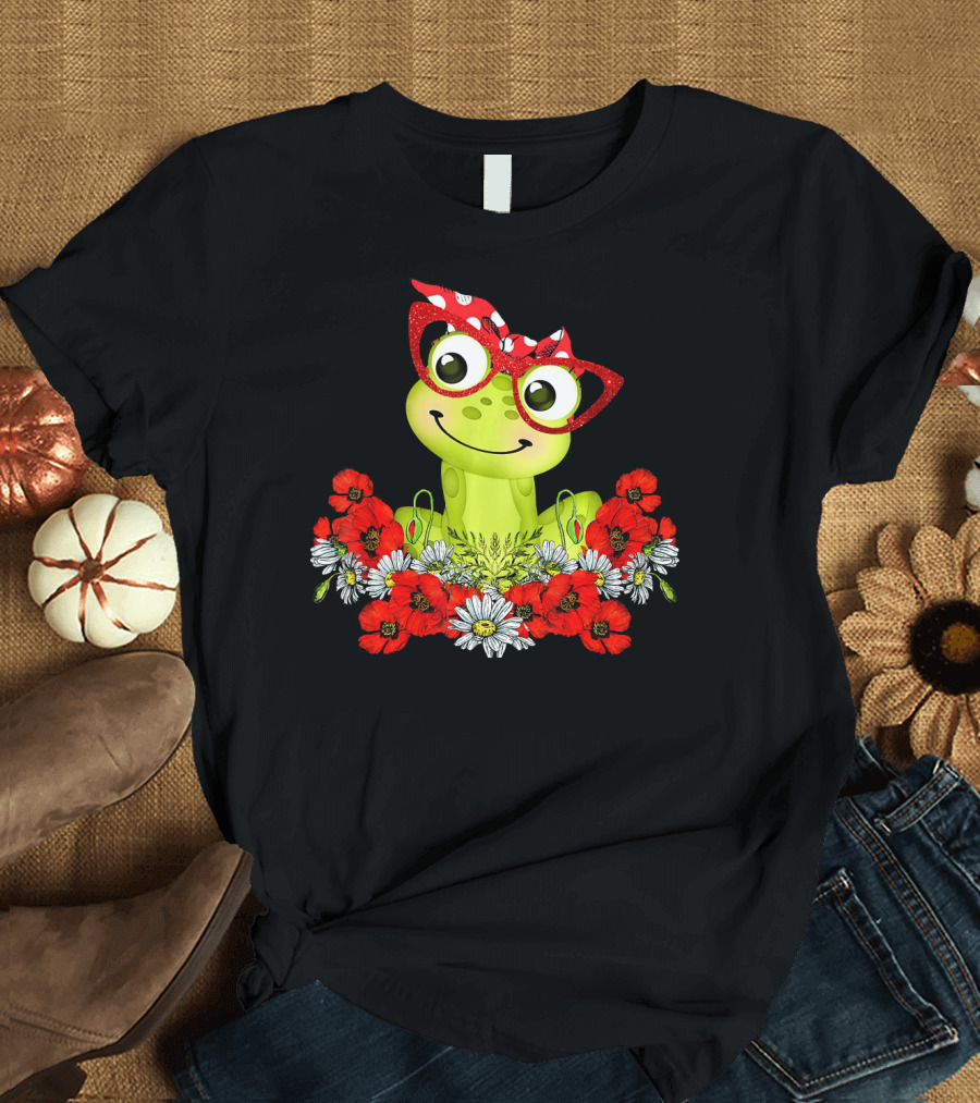 Frog with Red Glasses Surrounded by Red and White Flowers T-Shirt