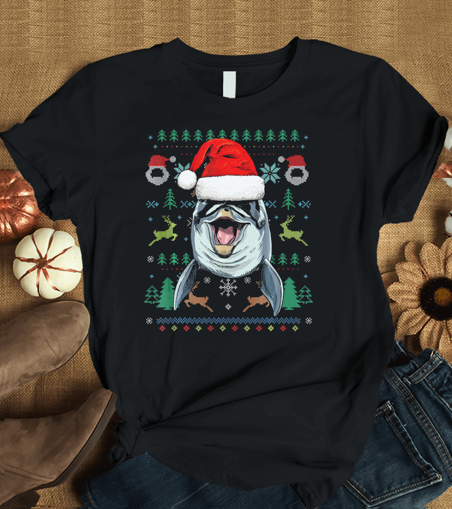 Dolphin in Santa Hat Ugly Christmas Sweater Reindeer Snowflakes Trees T-Shirt