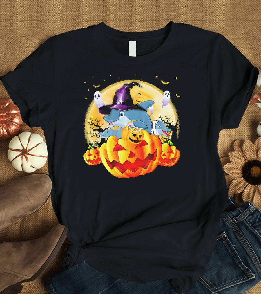 Dolphin Witch Pumpkin Halloween with Ghosts and Full Moon T-Shirt