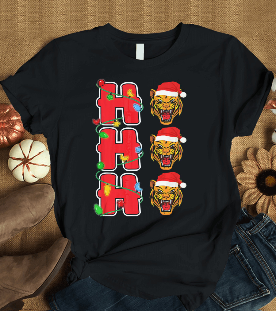 Ho Ho Ho Christmas Santa Tiger Trio with Festive Lights T-Shirt