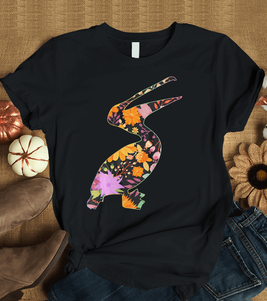 Floral Flower Vintage Retro PELI Pelican Silhouette with Colorful Blooms T-Shirt