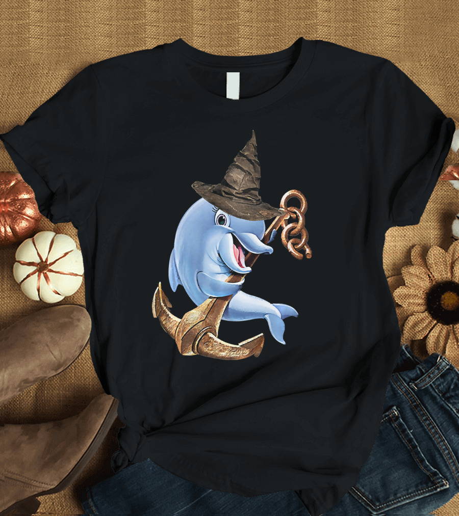 Halloween Dolphin with Witch Hat Holding Anchor 3D T-Shirt