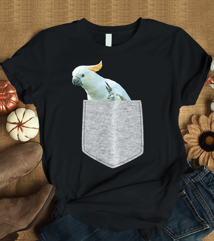Fake Pocket Cockatoo Bird Peeking Out of Gray Pocket T-Shirt