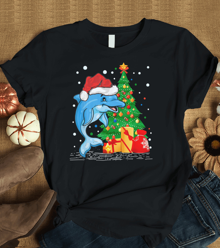 Funny Dolphin Lover Santa Hat Christmas Tree Gifts T-Shirt