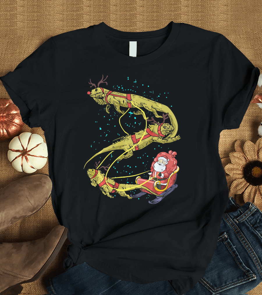 Funny Iguana Christmas Santa Sleigh Reptile Holiday T-Shirt