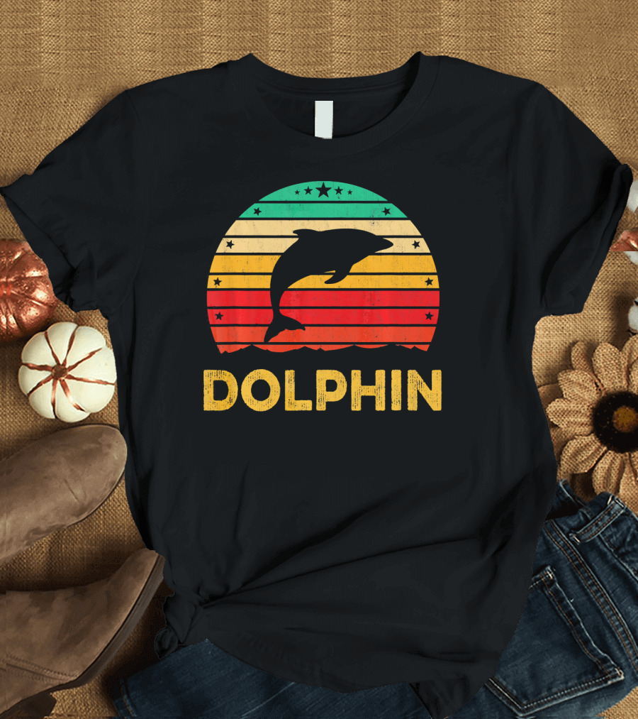 Funny Dolphin Sunset Retro Vintage Stars T-Shirt