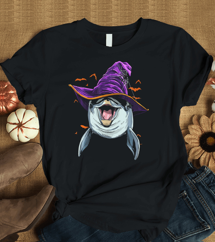Dolphin Witch Hat Halloween with Bats and Funny Dolphi T-Shirt