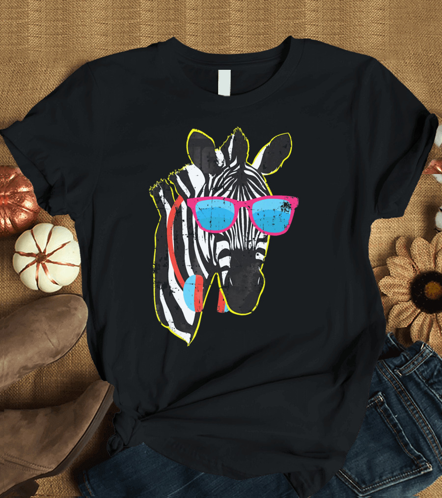 Hip Zebra with Red Sunglasses and Headphones T-Shirt