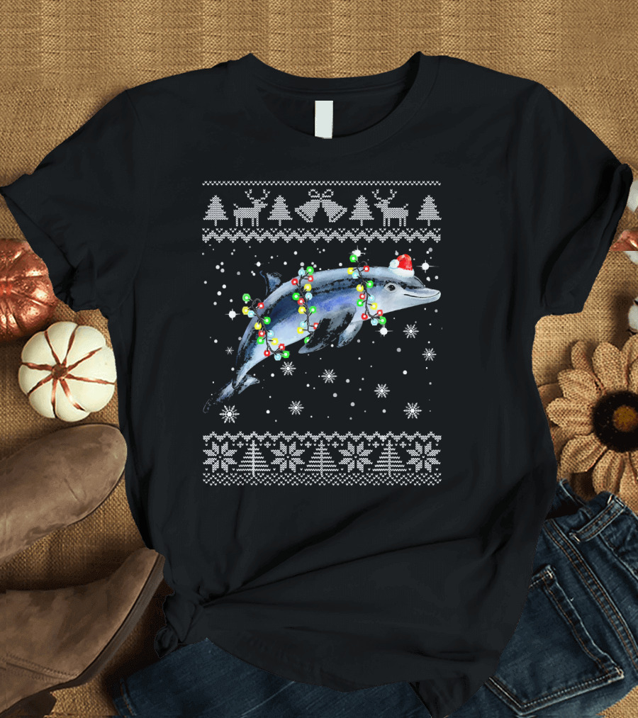 Dolphin Christmas Lights Ugly Sweater Reindeer Snowflakes T-Shirt