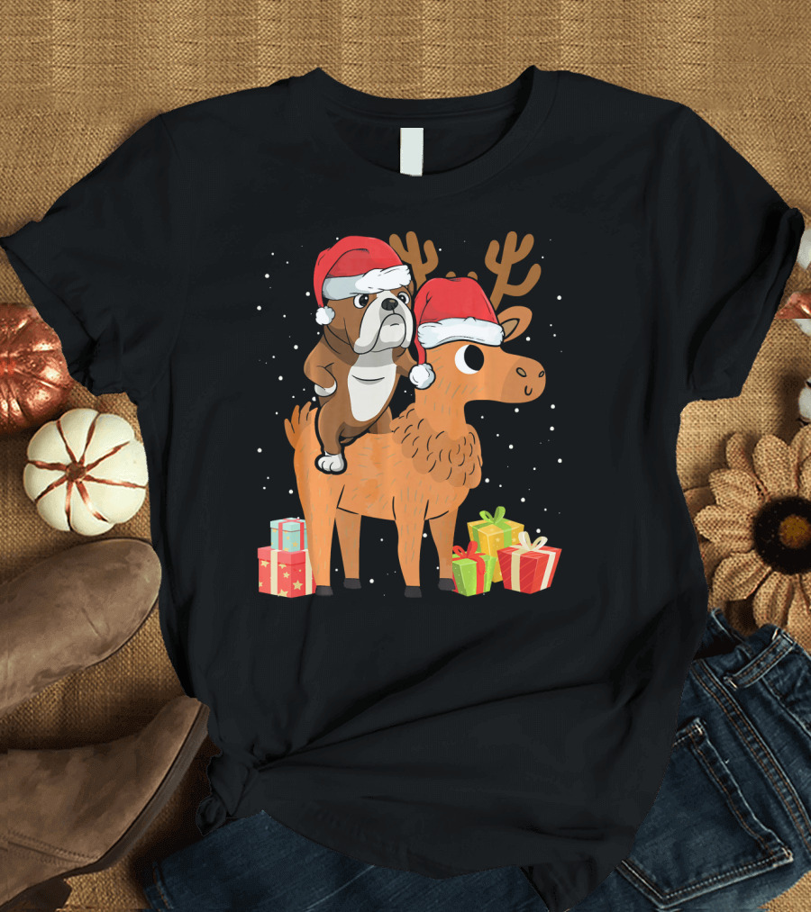 Funny English Bulldog Riding Deer with Christmas Santa Hats and Presents T-Shirt