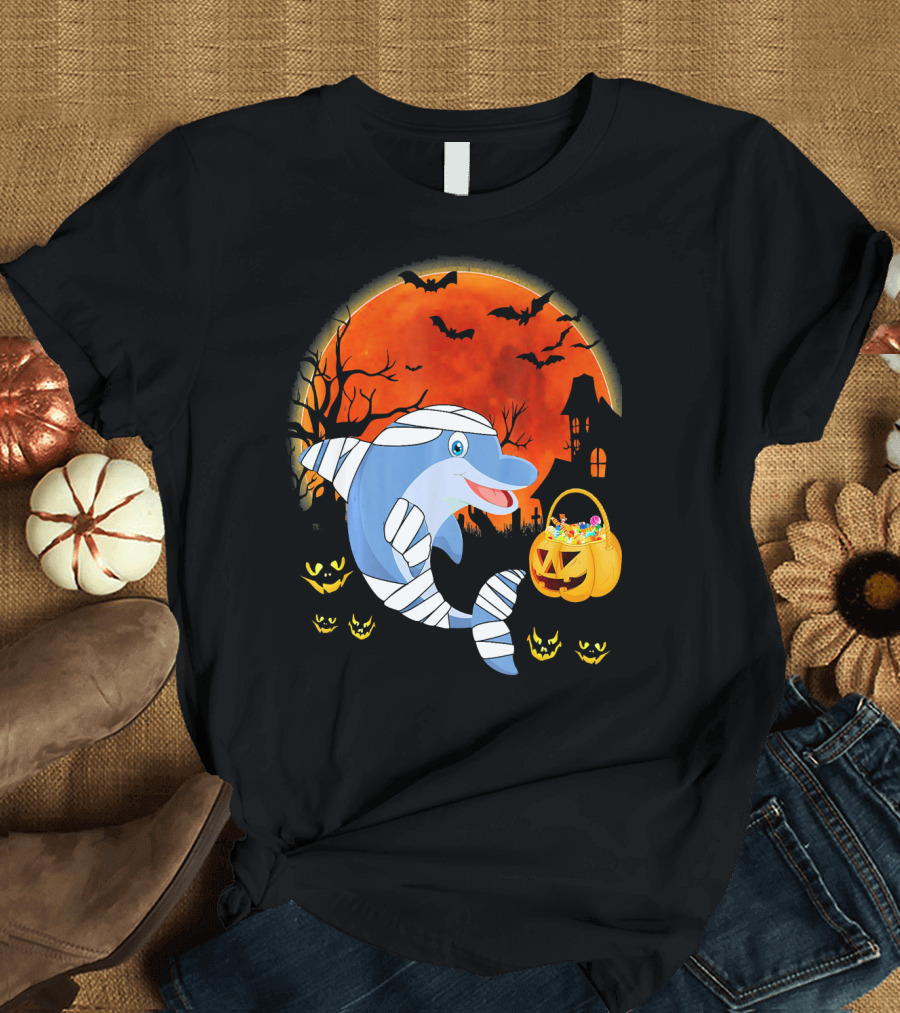 Mummy Dolphin Halloween with Pumpkin Candy Basket and Spooky Orange Moon T-Shirt