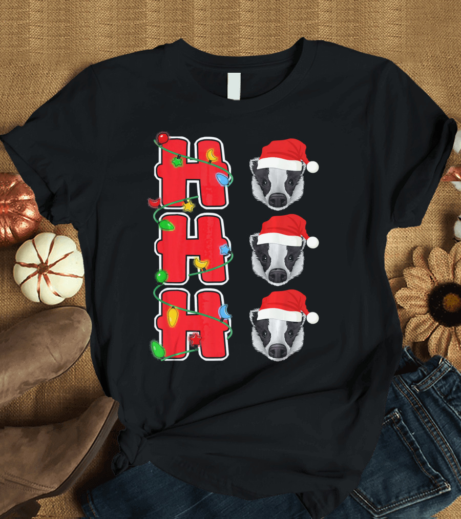 Ho Ho Ho Santa Badger Christmas Lights Festive Holiday T-Shirt