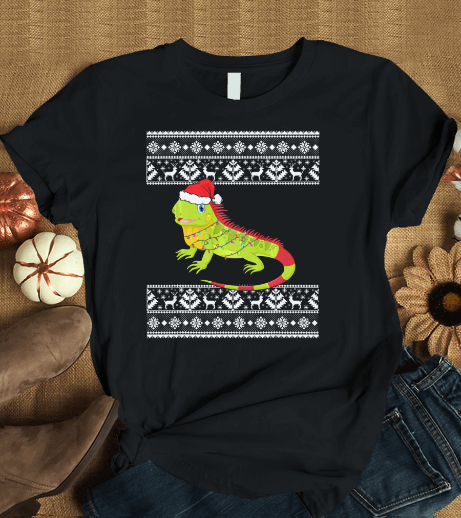 Christmas Iguana Wrapped in Lights with Santa Hat and Scandinavian T-Shirt