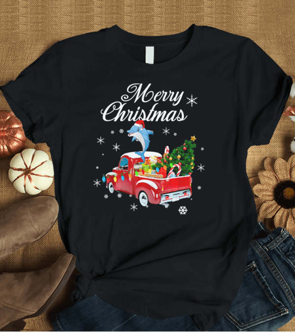 T-Shirt: Merry Christmas Dolphin Rides Red Truck with Gifts and Tree T-Shirt Merry Christmas Dolphin Rides Red Truck with Gifts and Tree T-Shirt