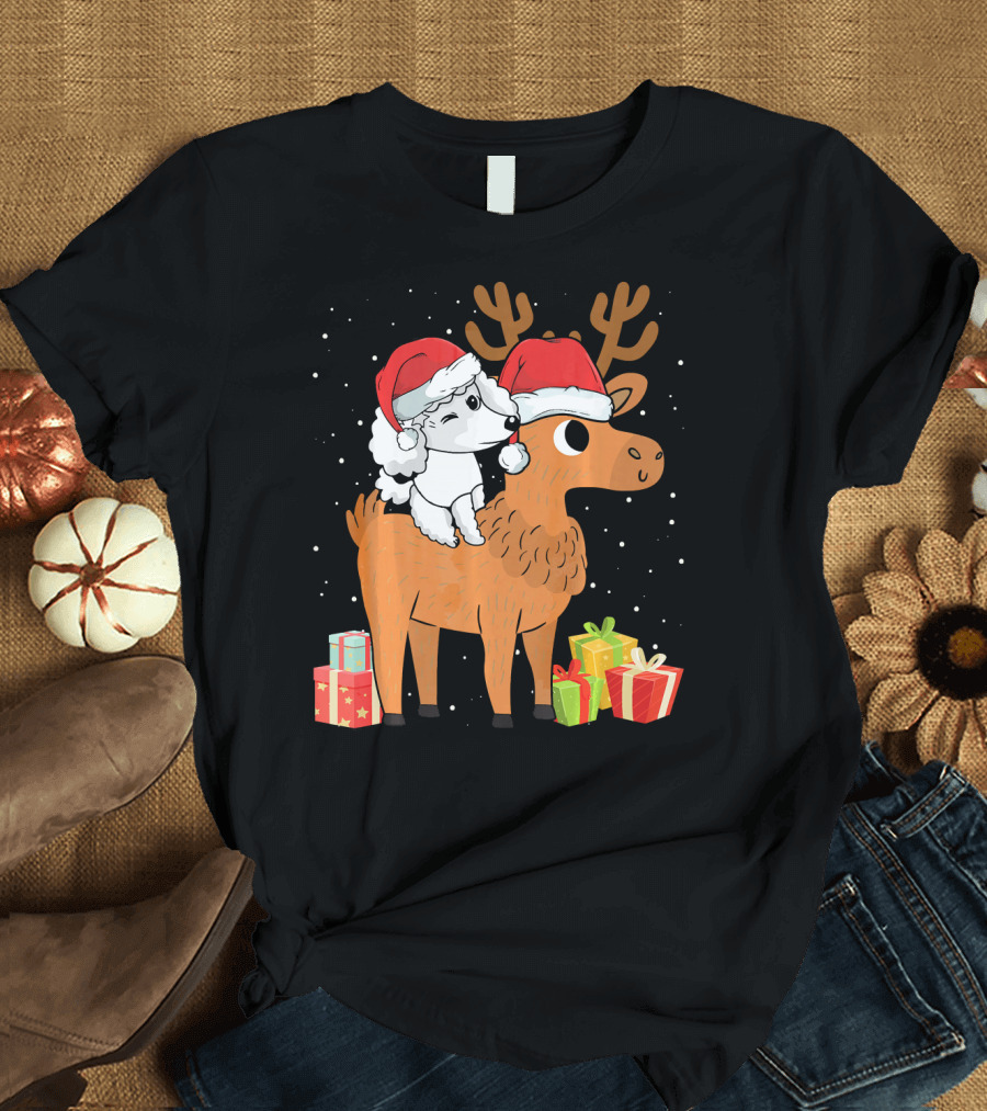 Poodle Riding Deer with Santa Hats and Gift Boxes T-Shirt