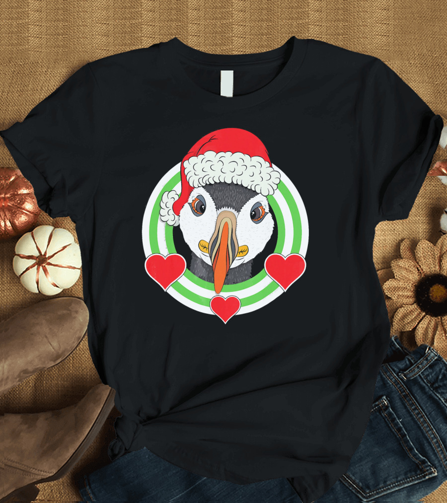 Funny Puffin Christmas with Hearts and Santa Hat T-Shirt
