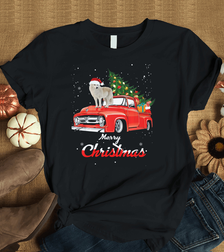 Merry Christmas Wolf Santa on Red Truck with Tree and Presents T-Shirt
