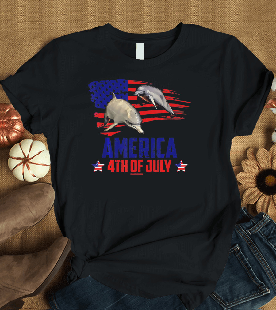 America 4th of July Patriotic Dolphin Flag T-Shirt