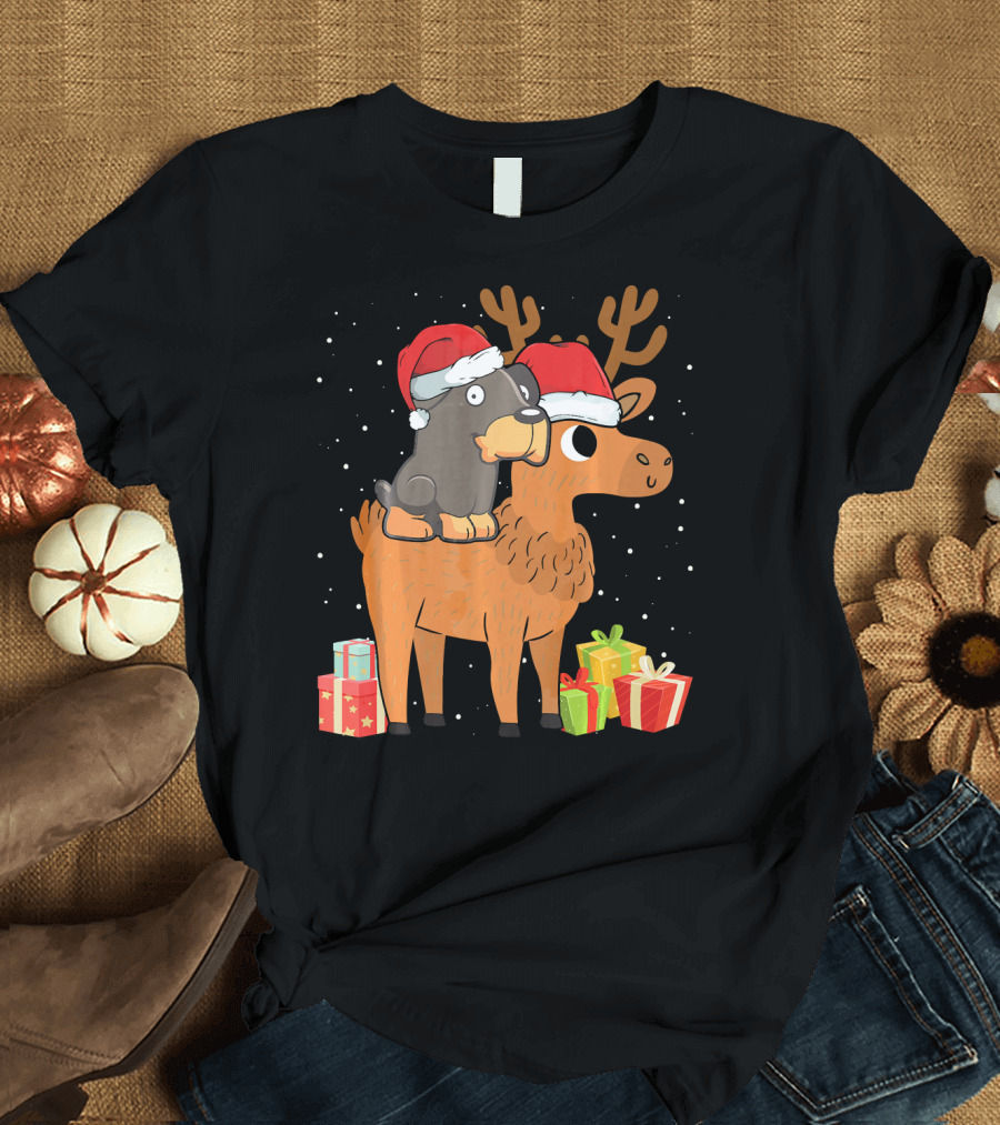 Funny Rottweiler Riding Deer with Santa Hats and Christmas Presents T-Shirt