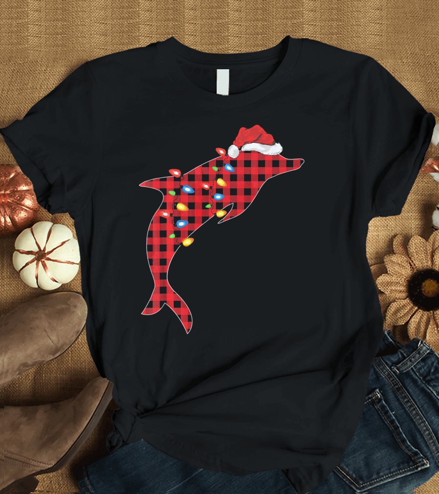 Dolphin Family Matching Group Christmas Plaid Santa Hat Lights T-Shirt