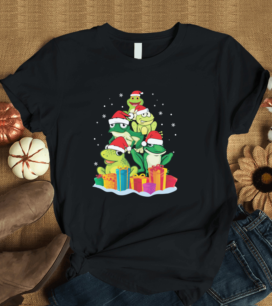 Frog Noel Hats Xmas Presents Tree Five Frogs Snowflakes T-Shirt
