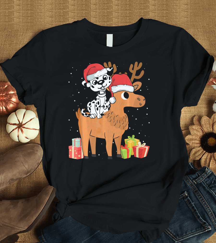 Funny Dalmatian Riding Deer with Santa Hats and Christmas Gifts T-Shirt