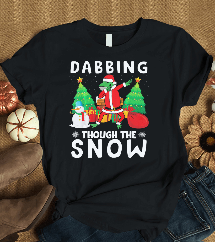 Dabbing Frog Santa with Snowman and Christmas Trees Through The Snow T-Shirt