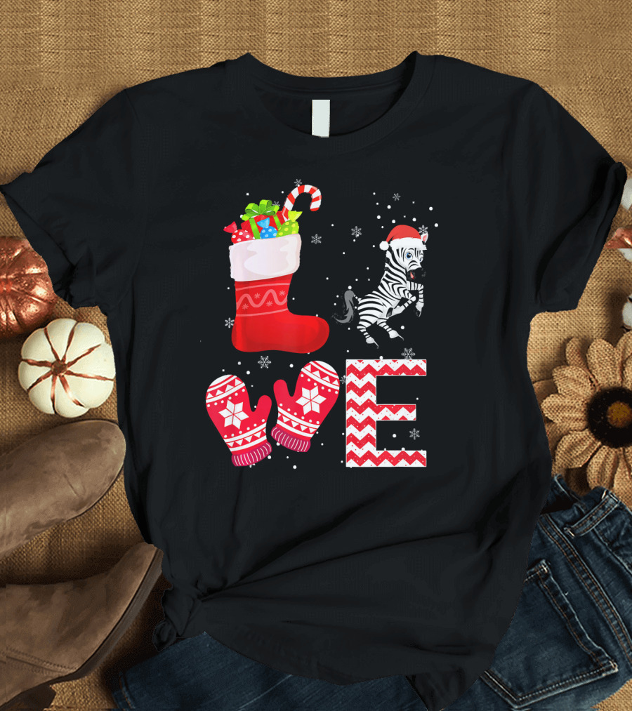 Funny Christmas Zebra Love Santa Stocking Mittens T-Shirt