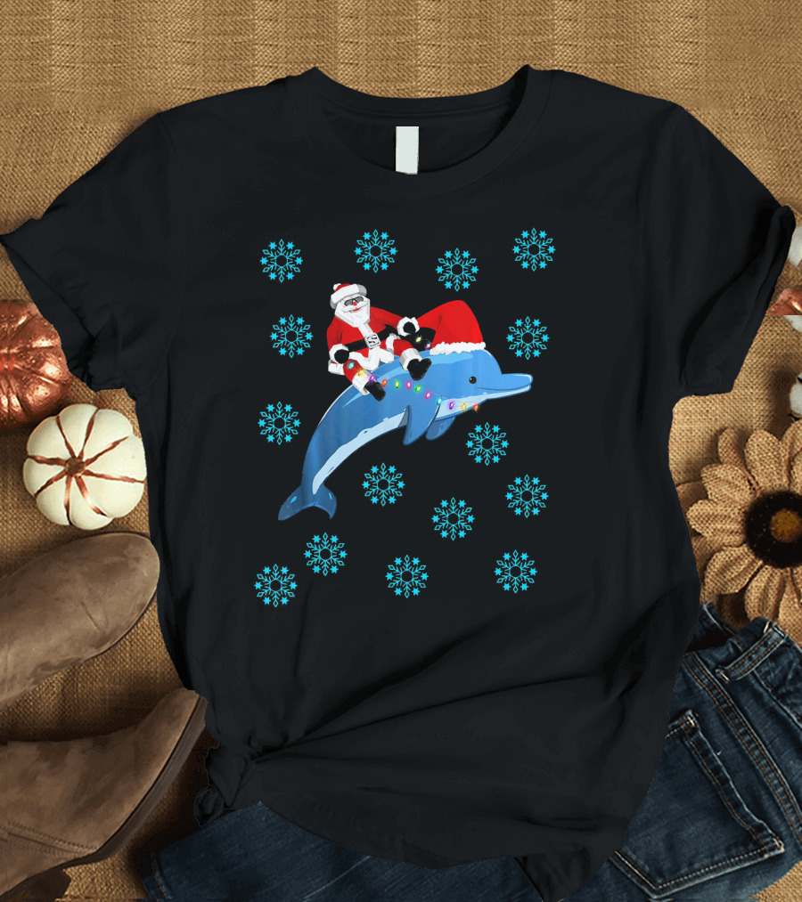 Santa Claus Riding Dolphin Surrounded by Snowflakes Christmas Humor T-Shirt